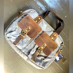 R&R Leather gray canvas/brown leather laptop bag